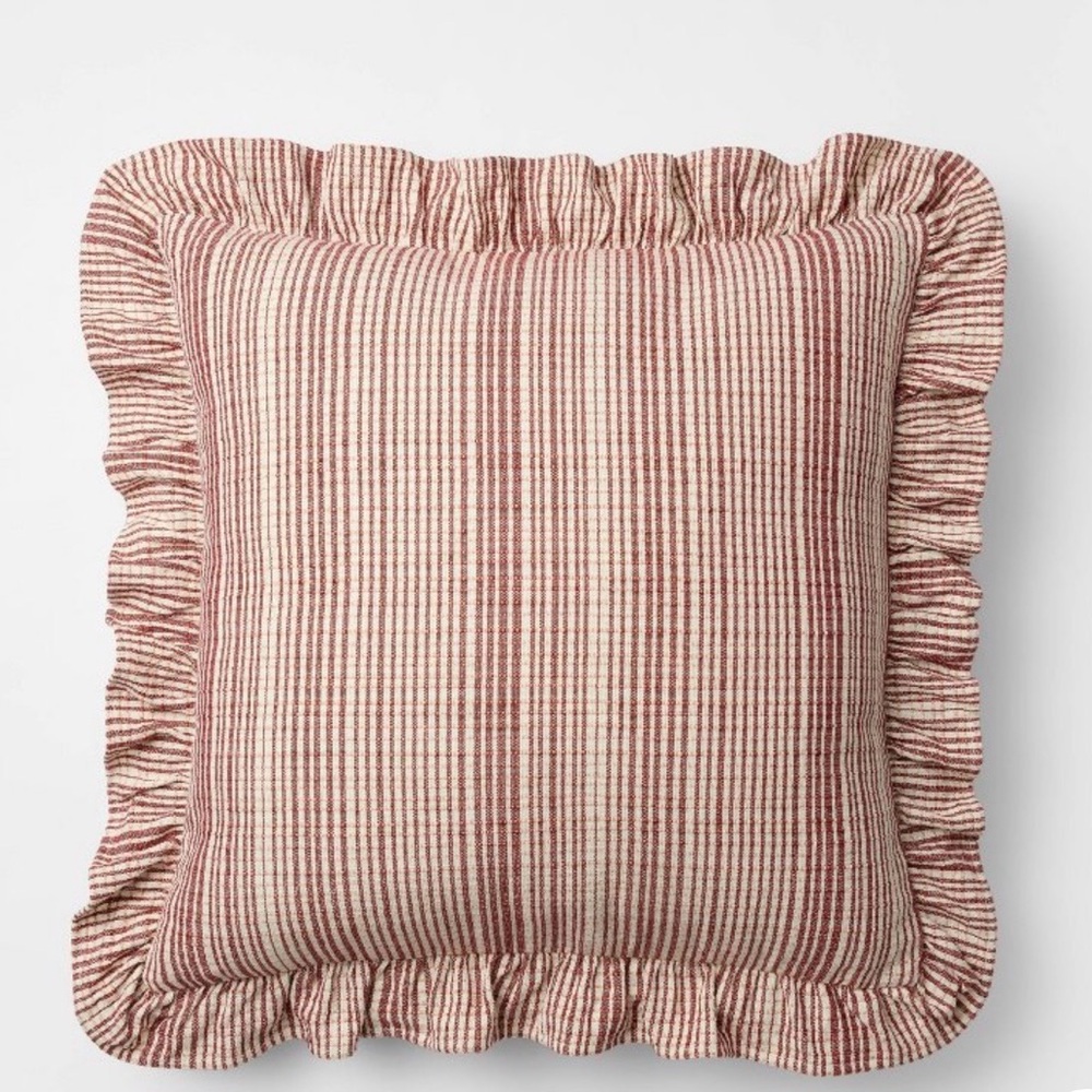 24"x24" Uneven Plaid with Ruffle Pillow Burgundy - Threshold with Studio McGee